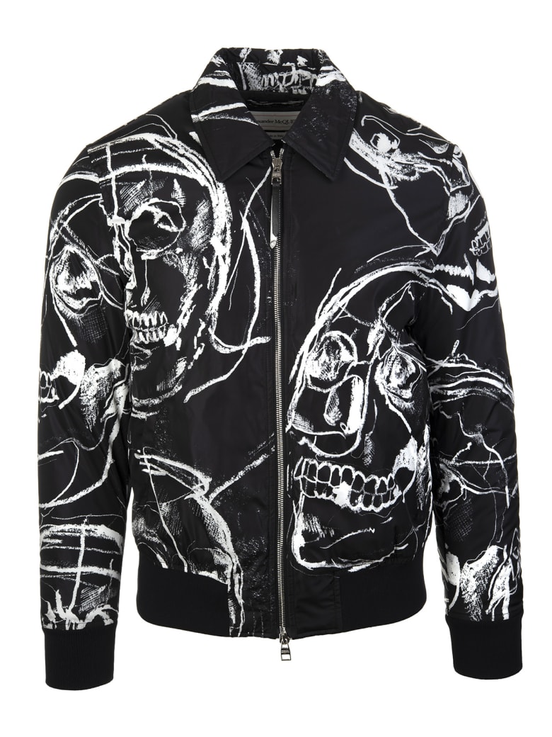 Alexander McQueen Man Black Bomber Jacket With Painted Skull - Black/white