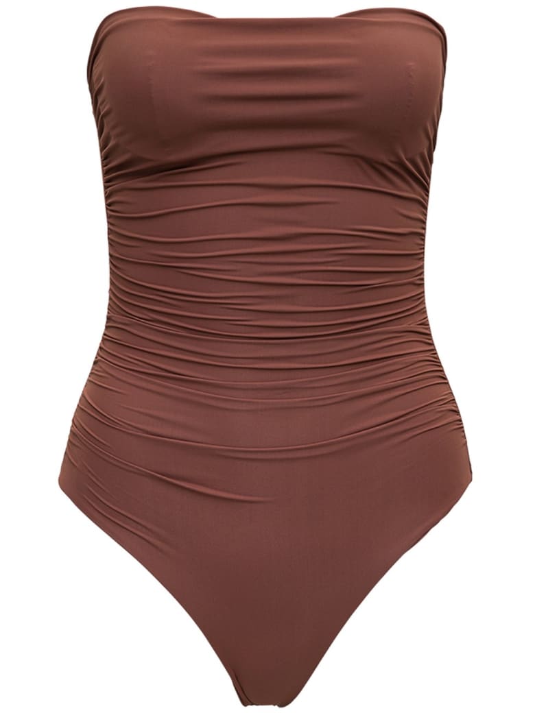 brown one piece swimsuit