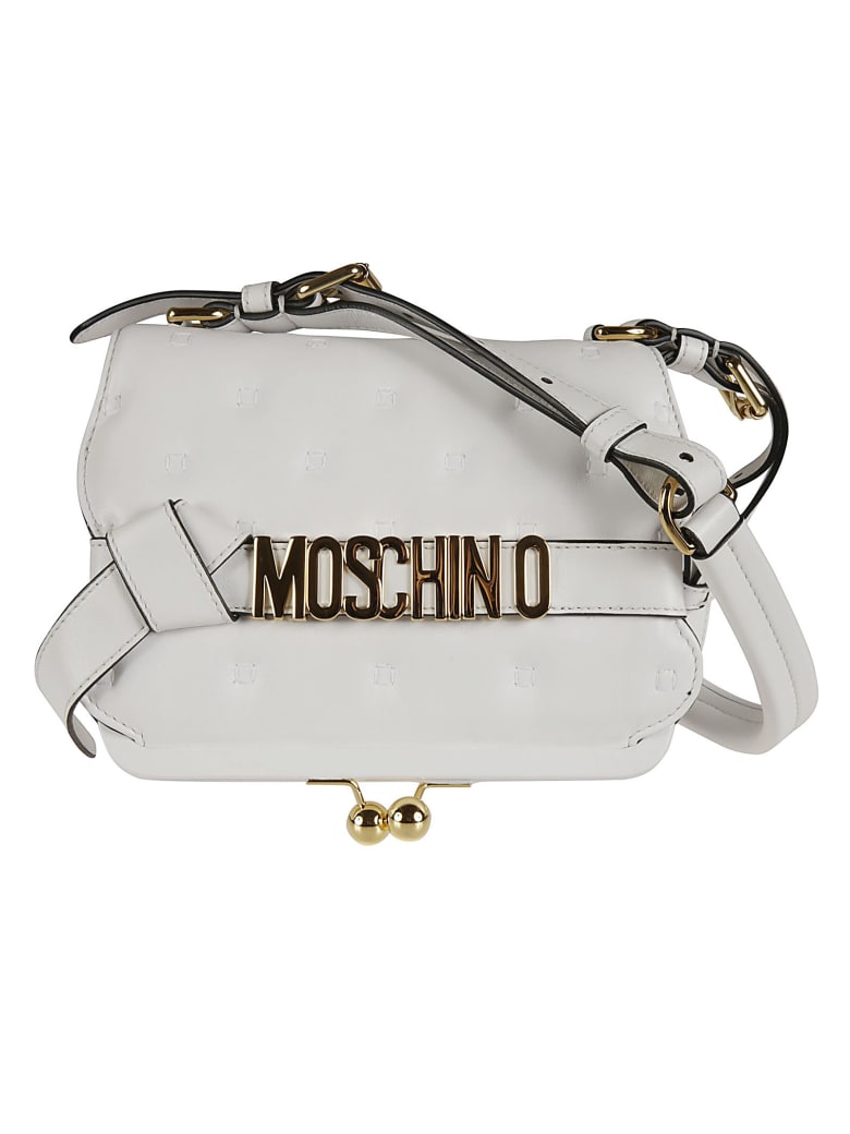 Moschino Stitch Detail Logo Plaque Flap Shoulder Bag - White
