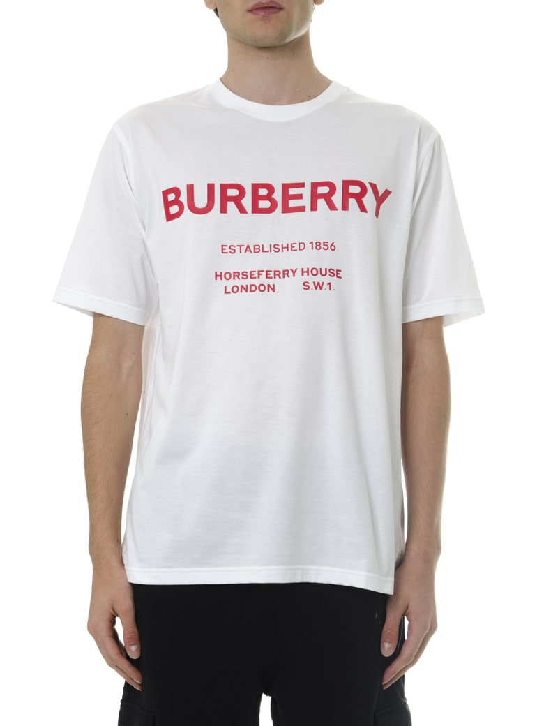 Burberry White Cotton T Shirt With Red Logo Print | italist