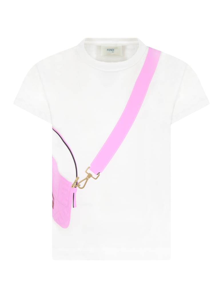 Fendi White T-shirt For Girl With Purple Bag - White