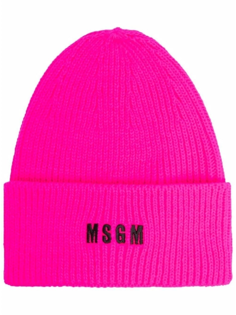 MSGM Chunky Knit Hat With Logo - Fuxia