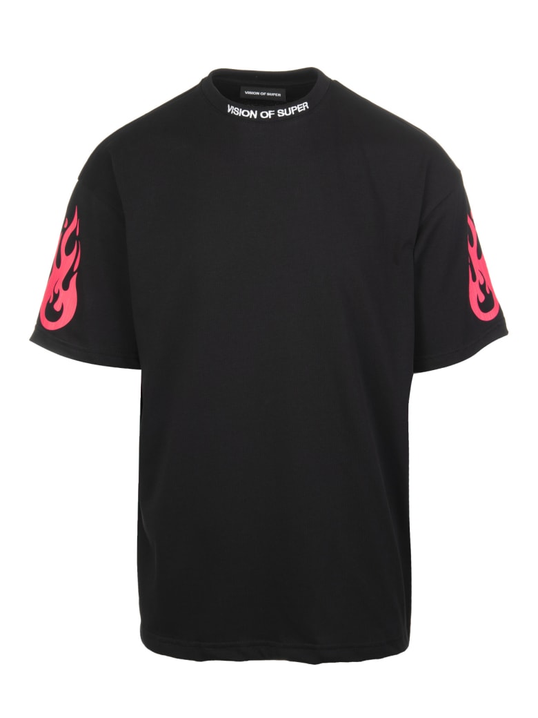 Vision of Super Man Black T-shirt With Fluo Pink Flame - Black/pink