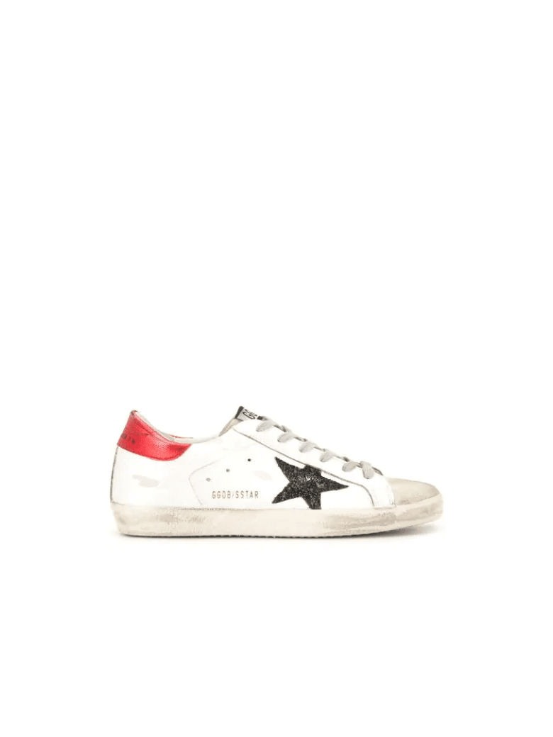 Golden Goose Woman White Super-star Sneakers With Red Spoiler And Black Glitter Star