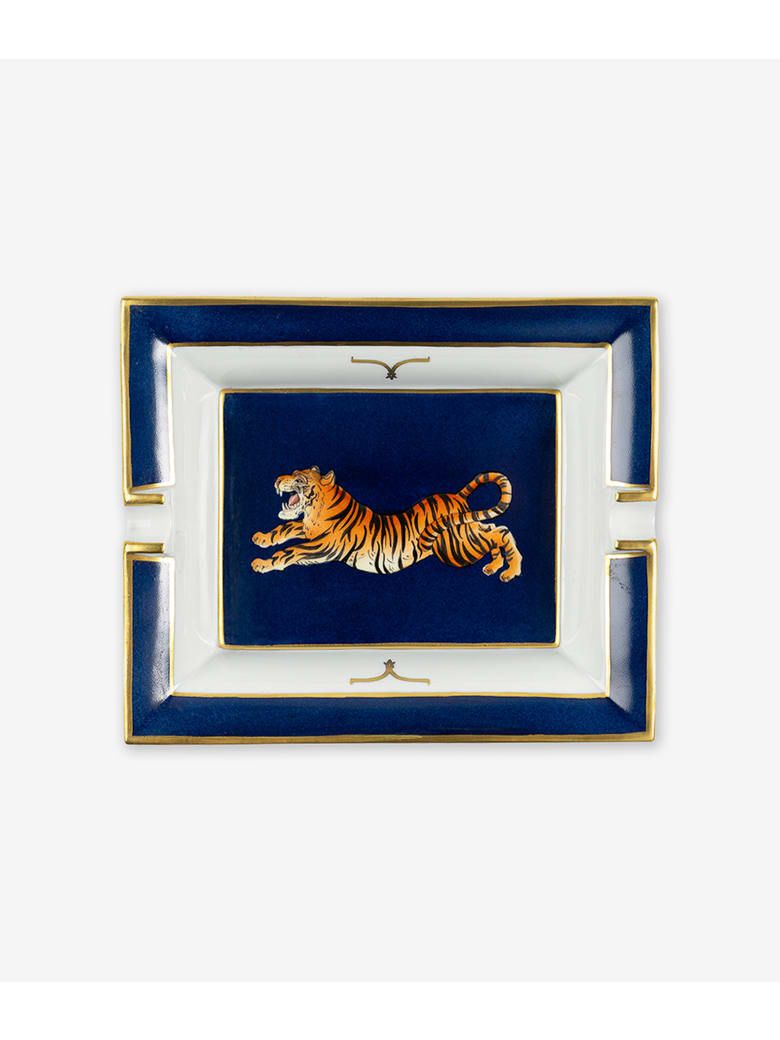 Larusmiani Porcelain Ashtray "crouching Tiger" - blu night