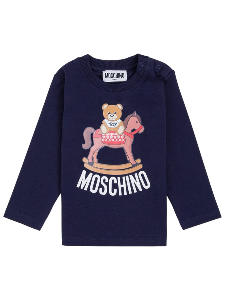 Moschino Long-sleeved T-shirt In Blue Cotton With Teddy Bear Print - Blu