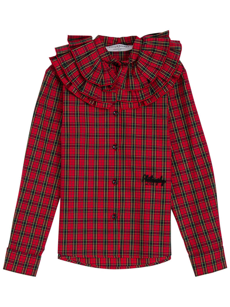 Philosophy di Lorenzo Serafini Kids Check Cotton Shirt With Ruffles Detail And Logo - Red