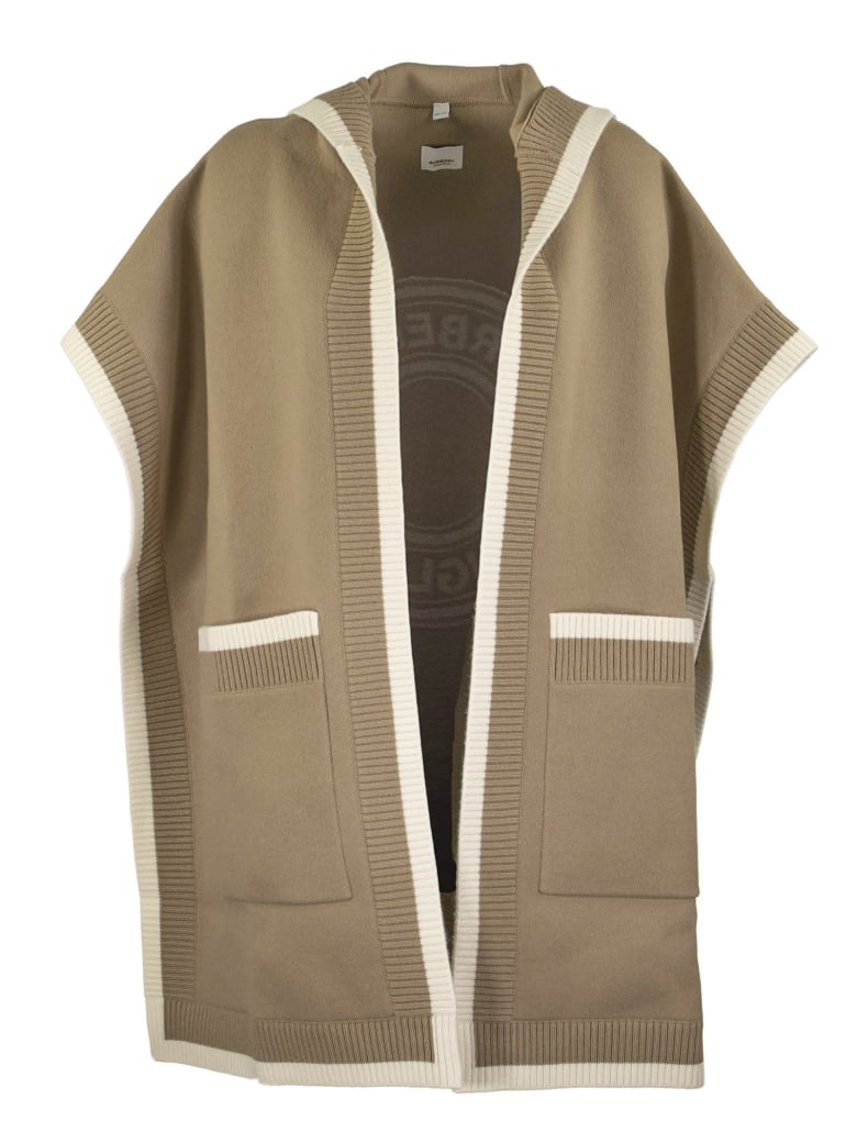 Burberry Carla Knt - Wool And Cashmere Hooded Cape With Jacquard Graphics And Logo - Archive Beige