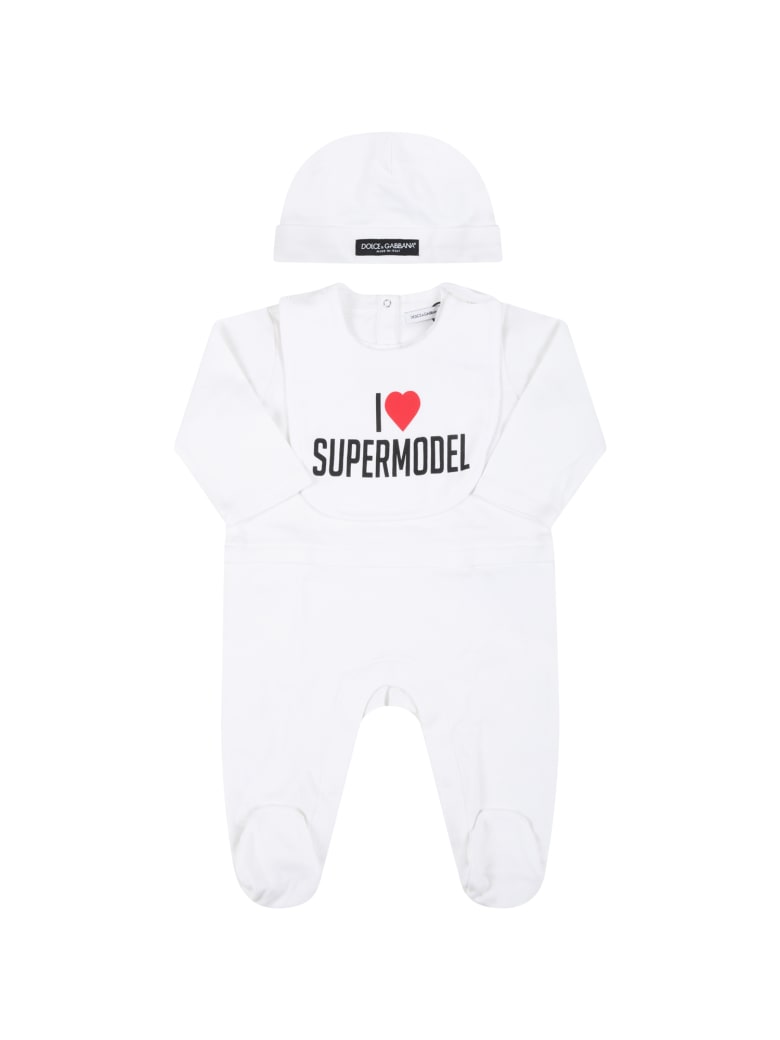 Dolce & Gabbana White Suit For Baby Kids With Red Heart - White