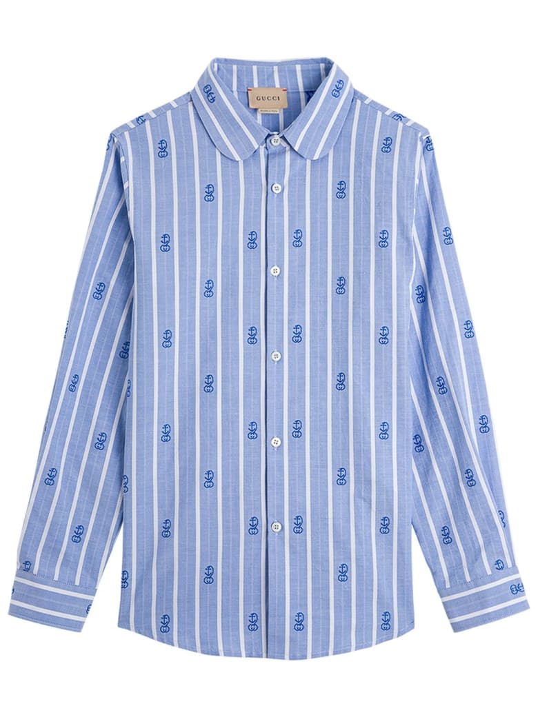 Gucci Striped Cotton Shirt With Gg Motif - Blu