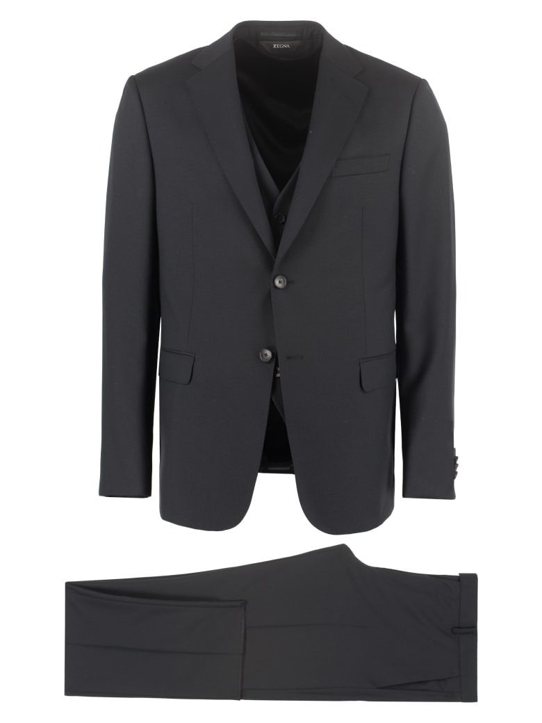 Z Zegna Three-piece Wool Suit - black
