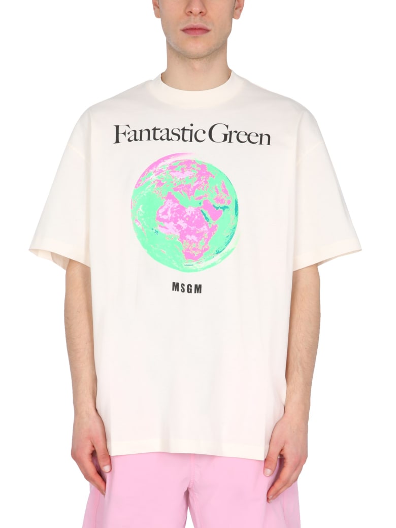 MSGM T-shirt With Fantastic Green Print - BIANCO