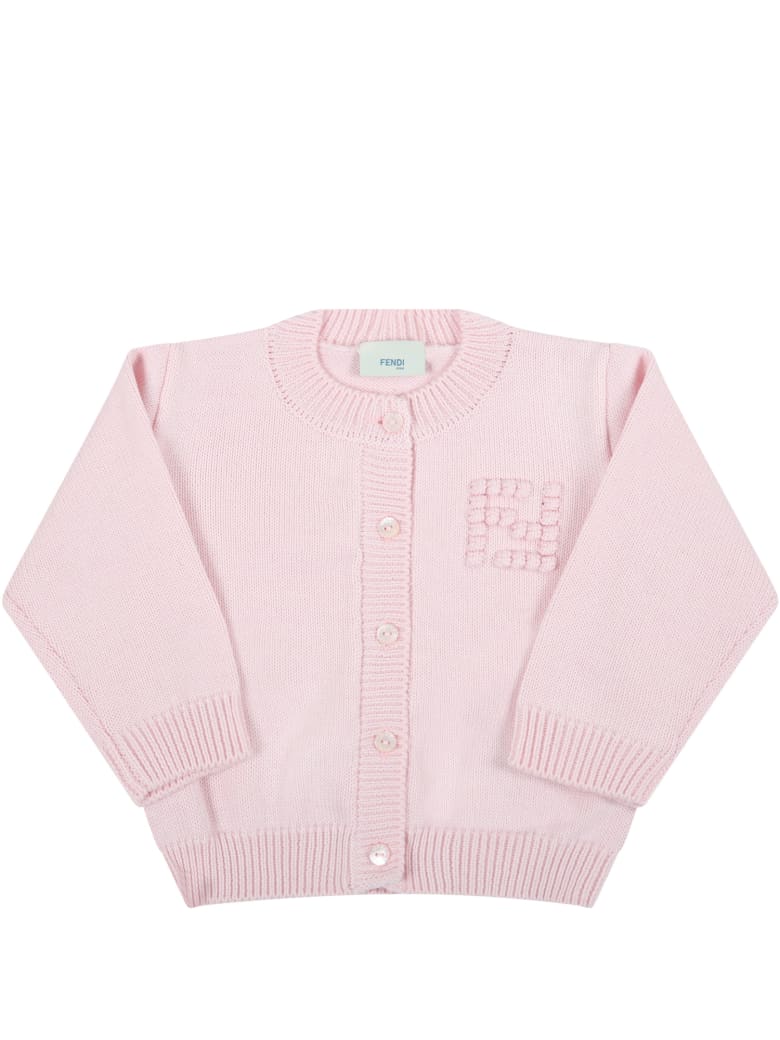 Fendi Pink Cardigan For Baby Girl With Embroidered Logo - Pink