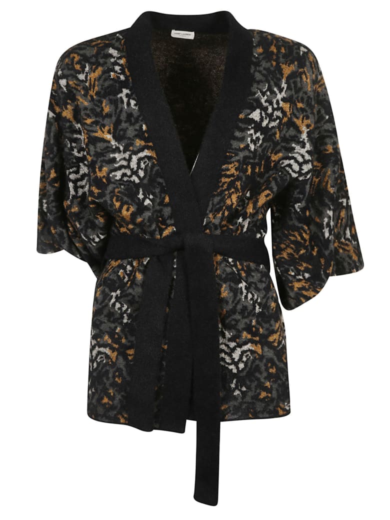 Saint Laurent Tie-waist Fur Applique Cardi-coat - Black/Grey/Natural