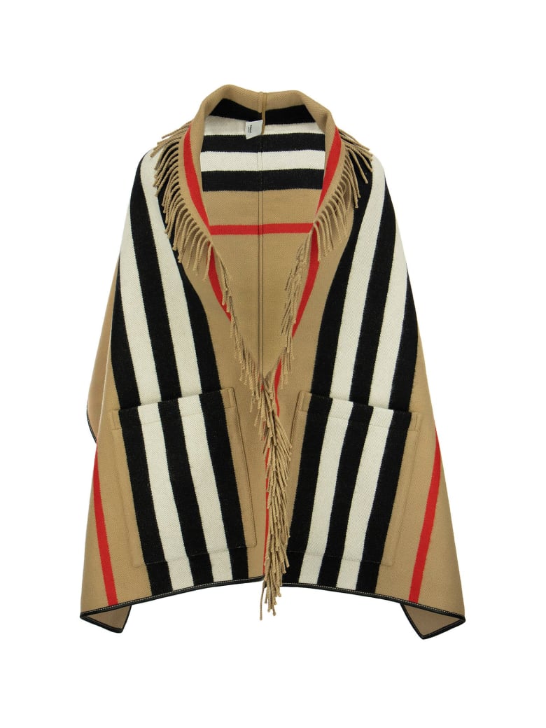 Burberry Wool And Cashmere Jacquard Cape With Iconic Striped Pattern - Archive Beige