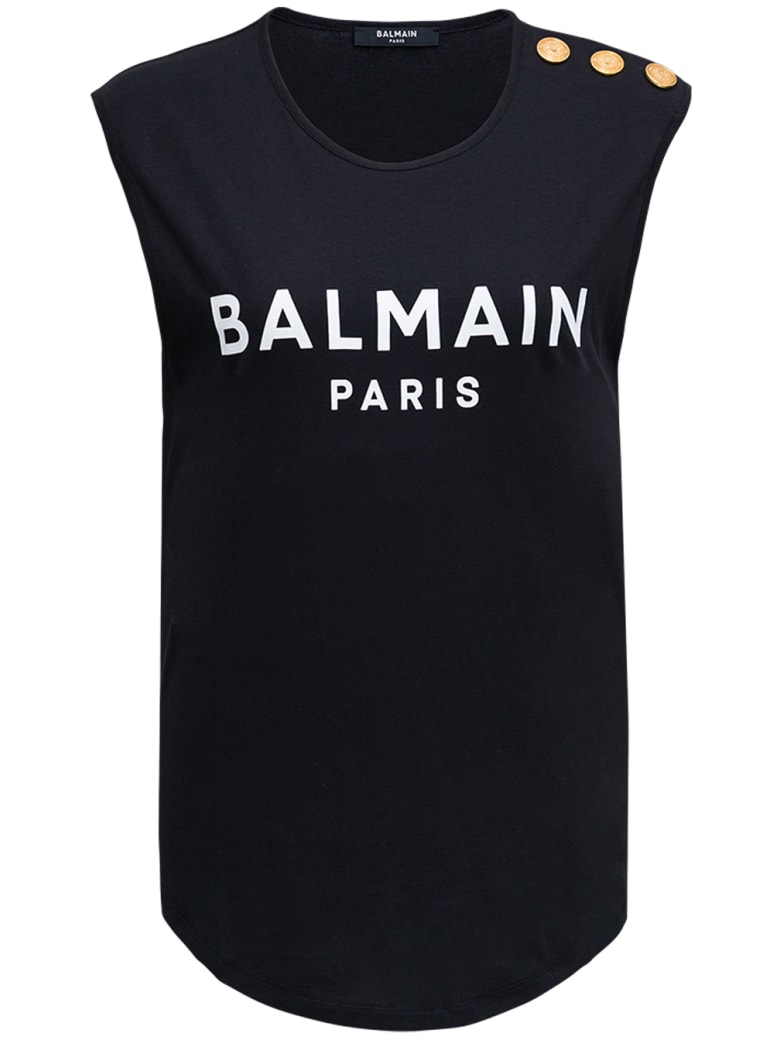Balmain Top Con Logo Floccato A Contrasto E Bottoni Dorati - Black