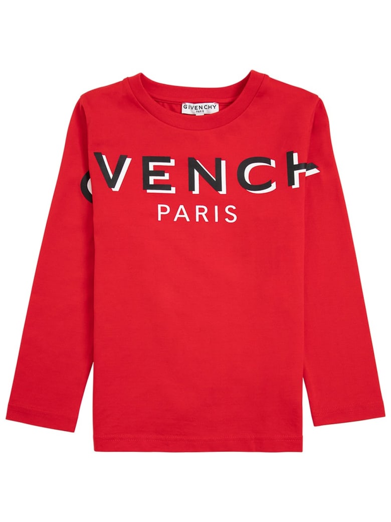 Givenchy Red Long-sleeved Cotton T-shirt With Logo Print - Red