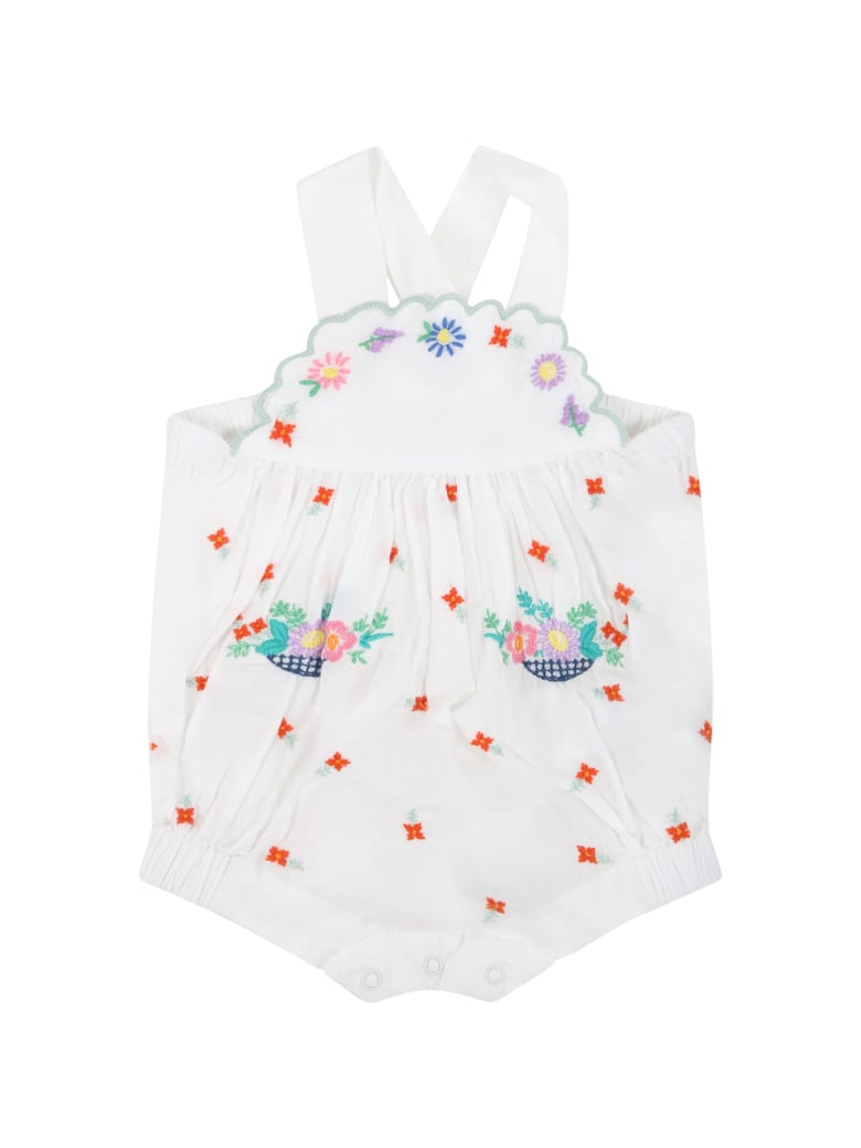 Stella McCartney Kids White Romper For Baby Girl With Flowers - Ivory