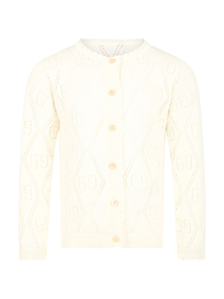 Gucci Ivory Cardigan For Girl With Double Gg - Natural White