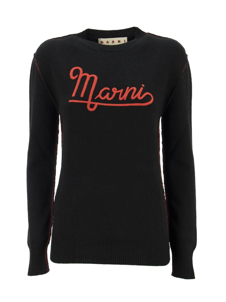 Marni Hazelnut Crewneck Sweater With Embroidered Logo - Blue
