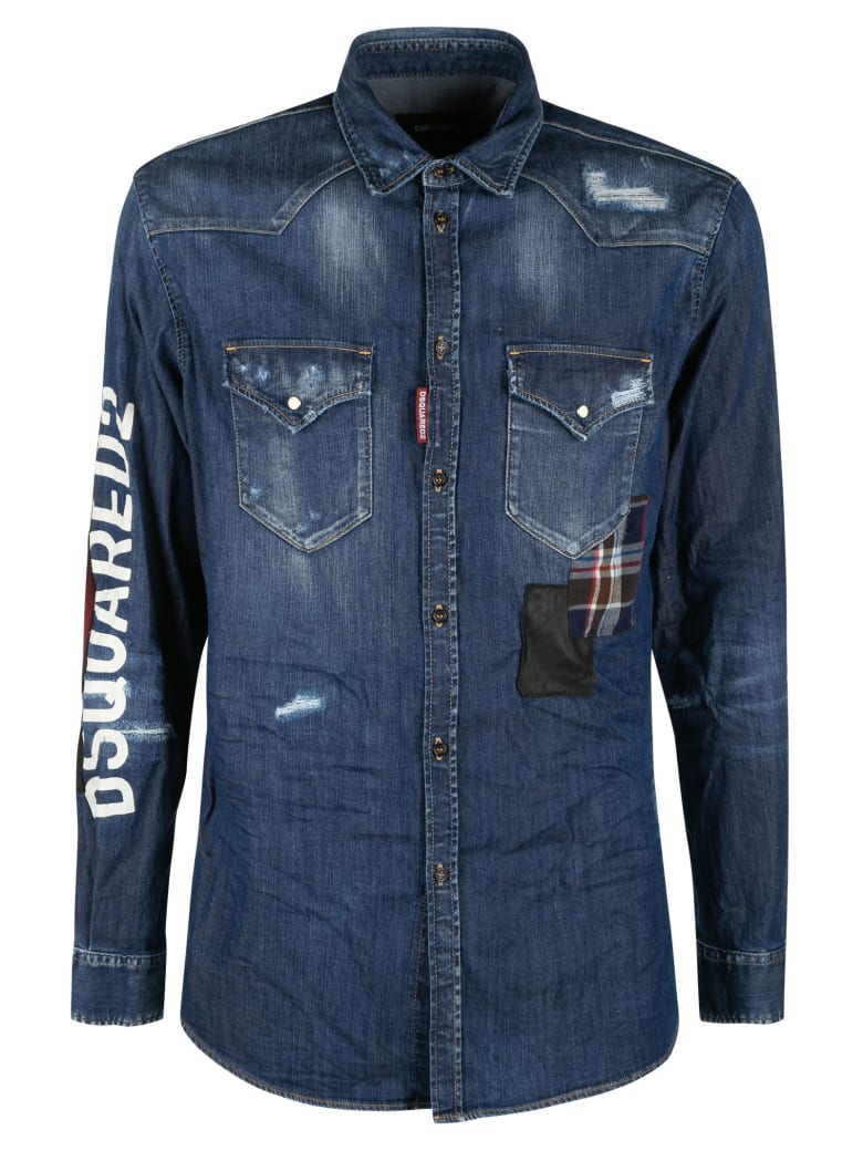 Dsquared2 Logo Print Patched Denim Shirt - Blue