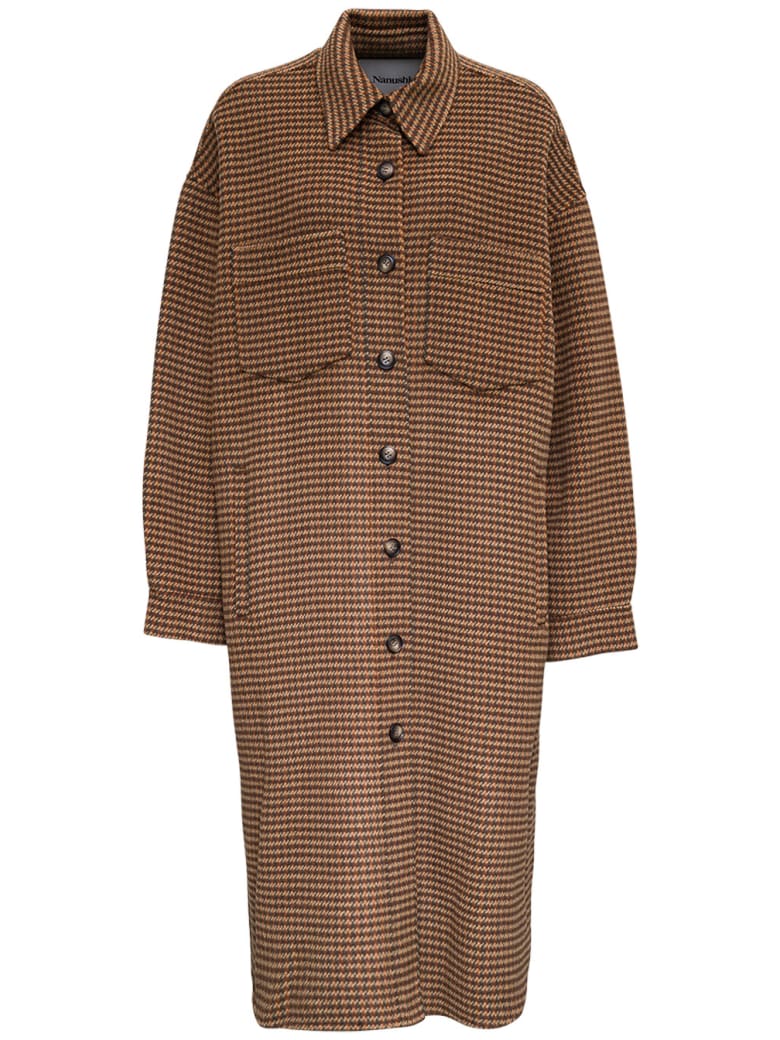 Nanushka Cruza Check Wool And Silk Long Coat - Brown