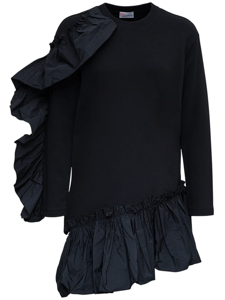 RED Valentino Black Cotton Dress With Taffeta Ruffle Detail - Black