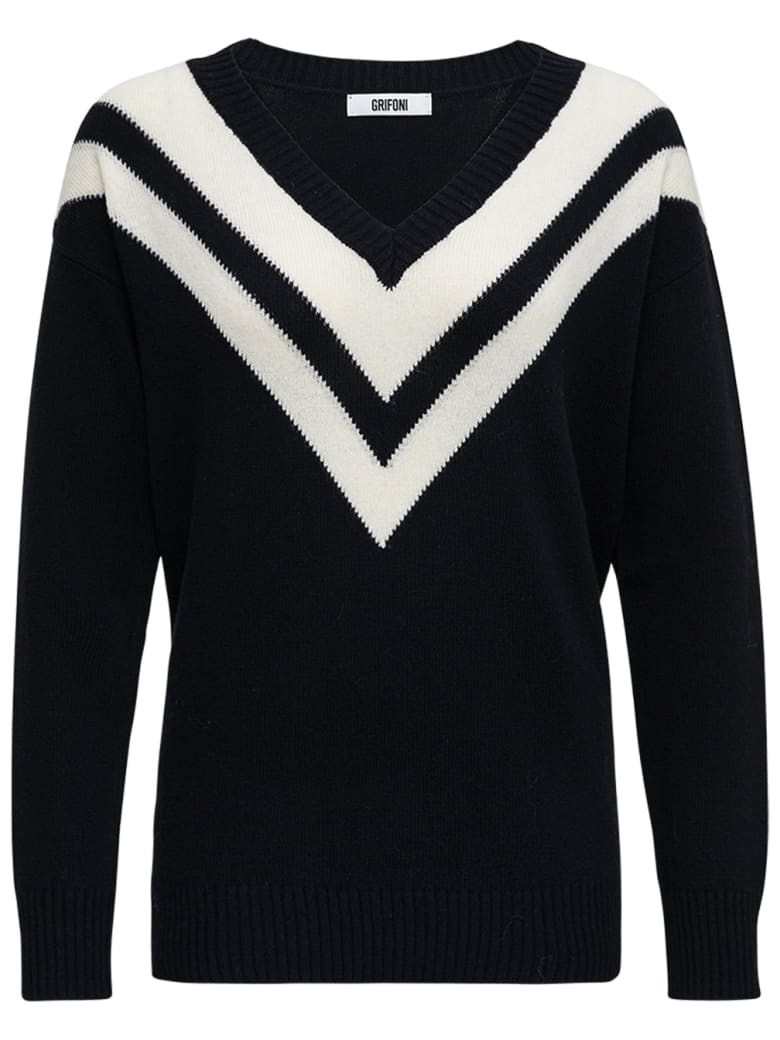 Mauro Grifoni Bicolor Wool V-neck Sweater - Black