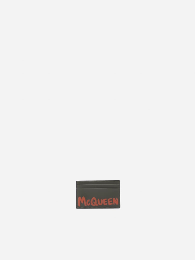 Alexander McQueen Leather Card Holder With Contrasting Logo Print - Khaki