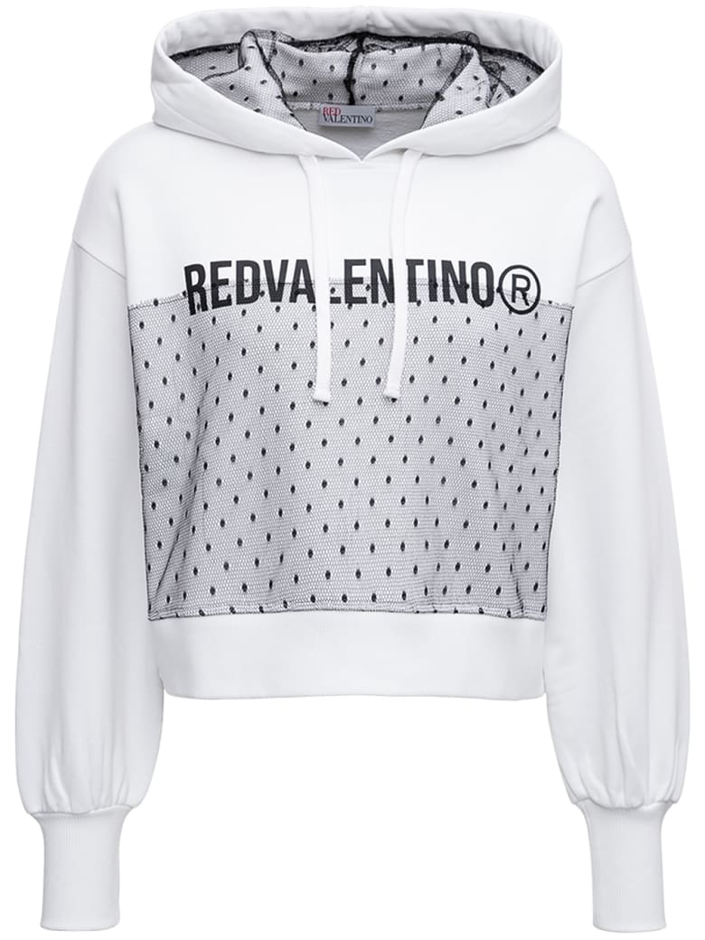 RED Valentino Cropped Hoodie In White Jersey With Contrasting Print And Point D'esprit Insert - White