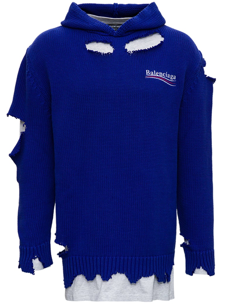 Balenciaga Political Campaign Destroyed Oversize Cotton Hoodie - Blu