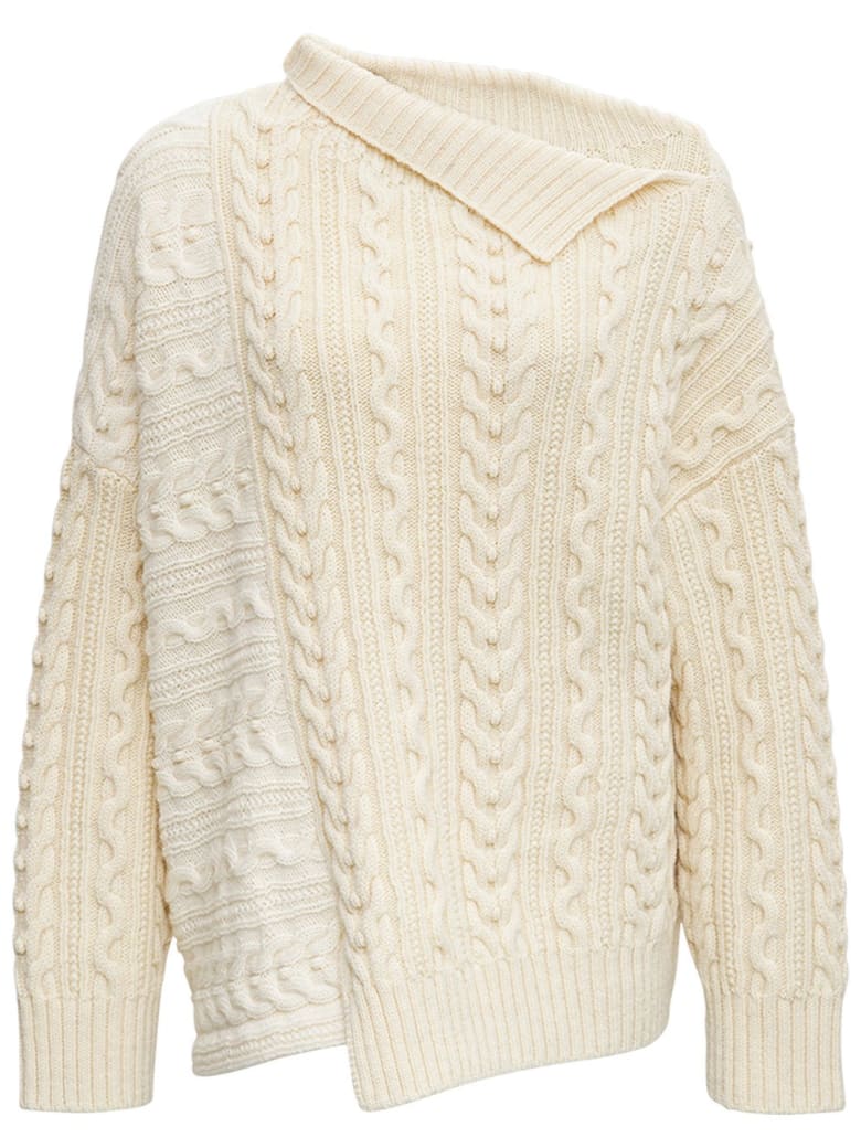 Philosophy di Lorenzo Serafini Braided Wool Sweater With Asymmetrical Collar - White