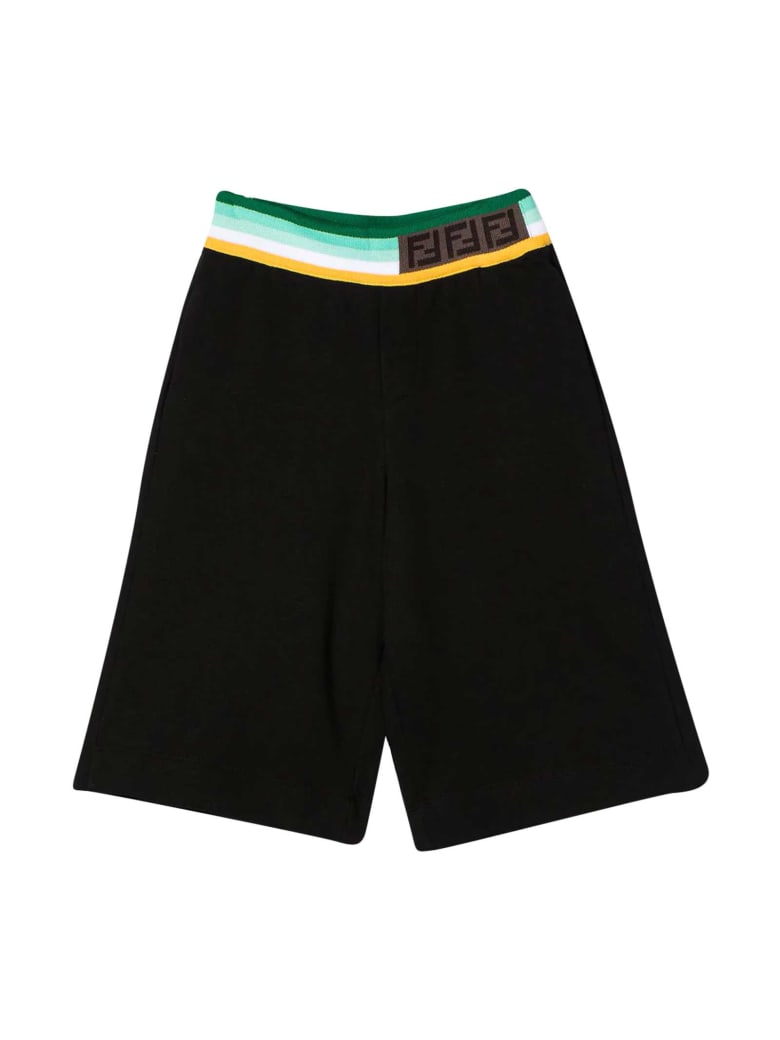 Fendi Black Bermuda Shorts With Multicolor Band - Nero/verde
