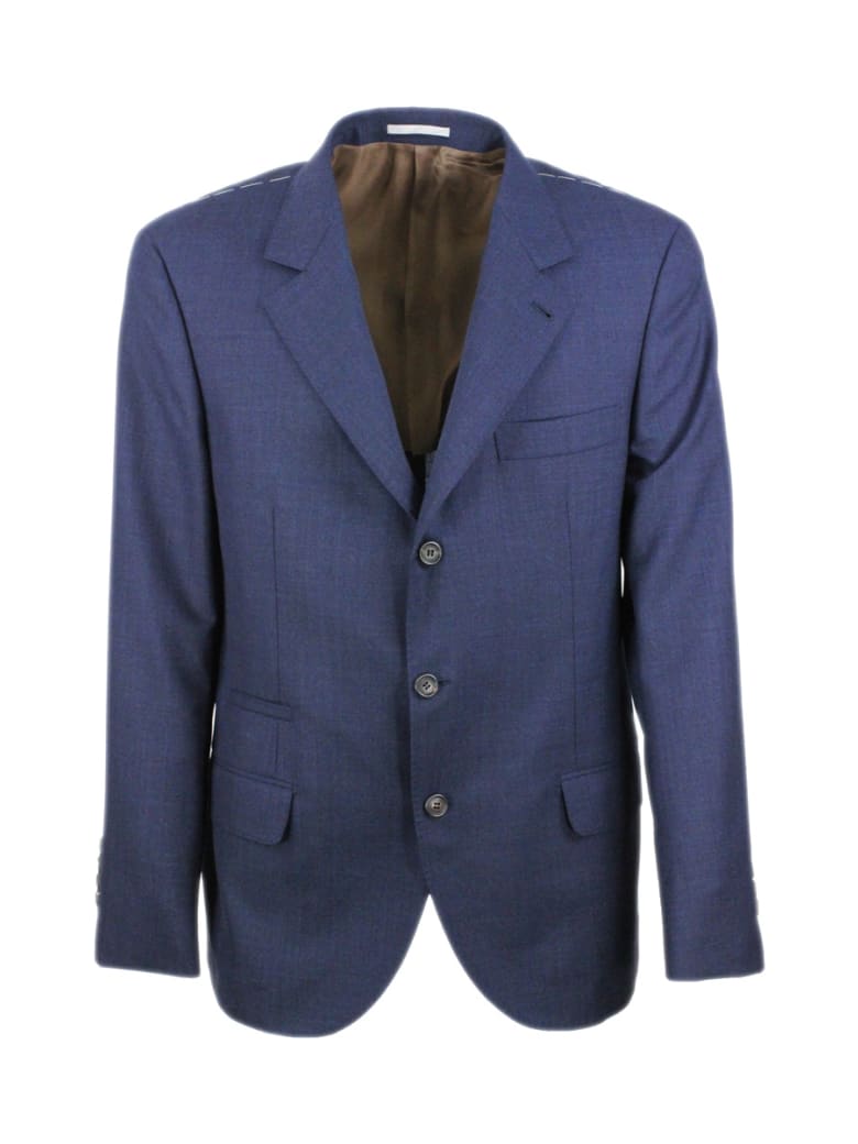Brunello Cucinelli 3-button Unlined Jacket In Cool Wool Canvas.the Buttons Are In Brown Horn - Blu