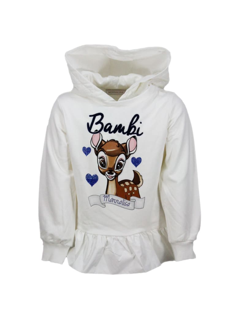Monnalisa Long-sleeved Cotton Crewneck Sweatshirt With Nylon Hood And Bambi Print - White