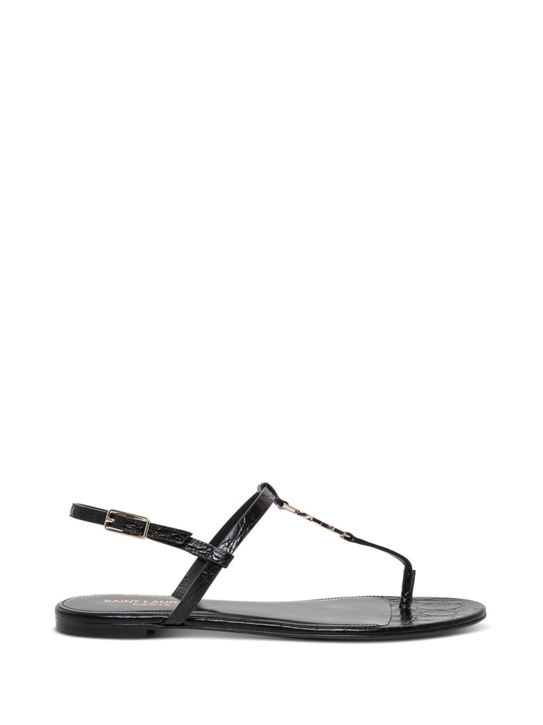 Saint Laurent Clessandra Sandals In Black Crocodile Printed Leather - Black