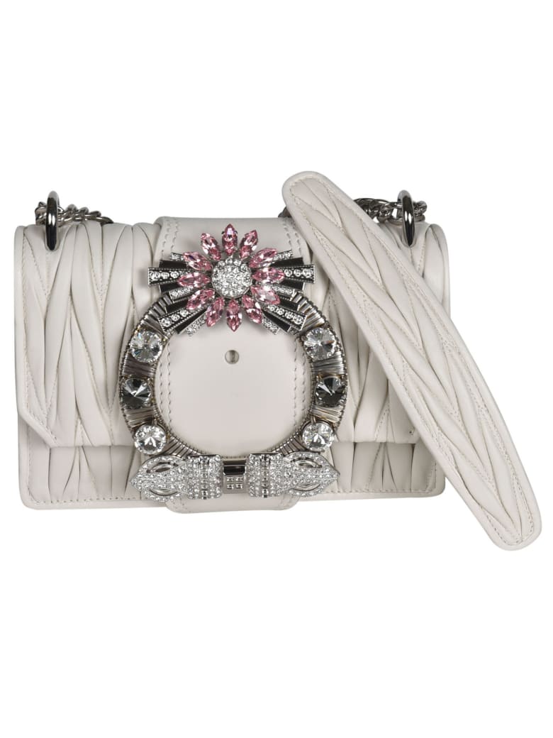 Miu Miu Matelassé Embellished Shoulder Bag - White