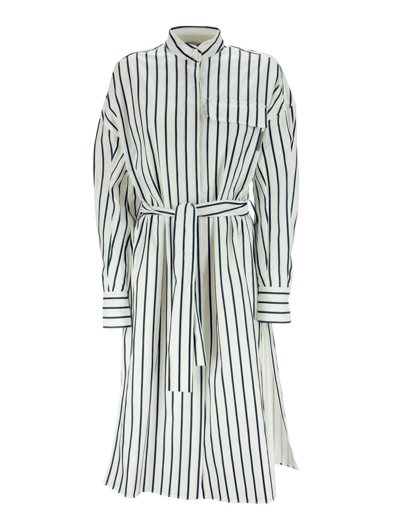 Brunello Cucinelli Cotton Regimental Stripe Poplin Shirt Dress With Belt - White/blue