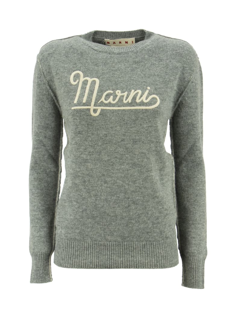 Marni Hazelnut Crewneck Sweater With Embroidered Logo - Grey