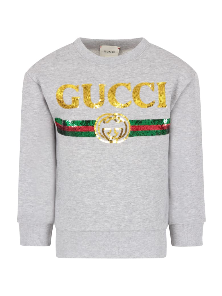 Gucci Melanged Grey Sweatshirt With Sequined Logo For Girl - Grey