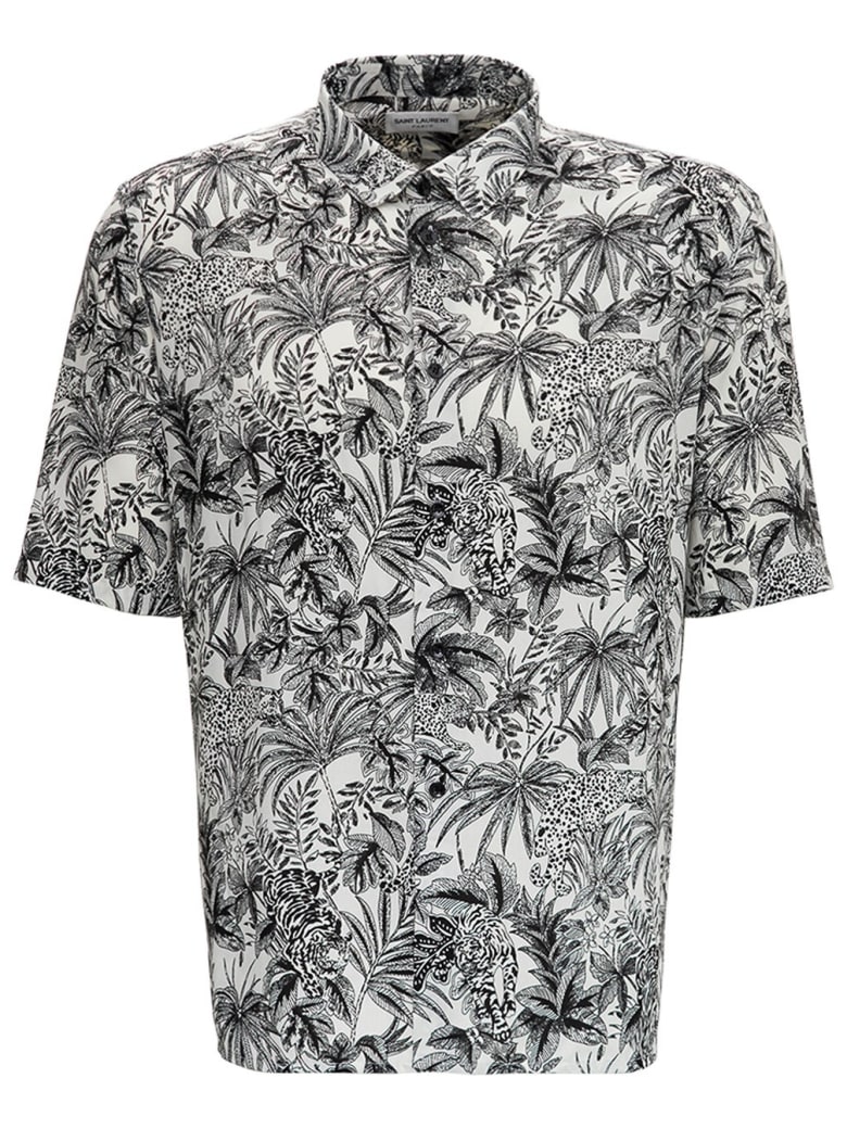 Saint Laurent Floral Viscose Shirt With Jungle Cat Print - Nero