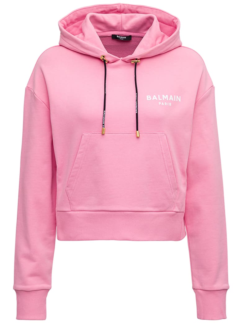 Balmain Pink Cropped Hooduie With Logo - Pink