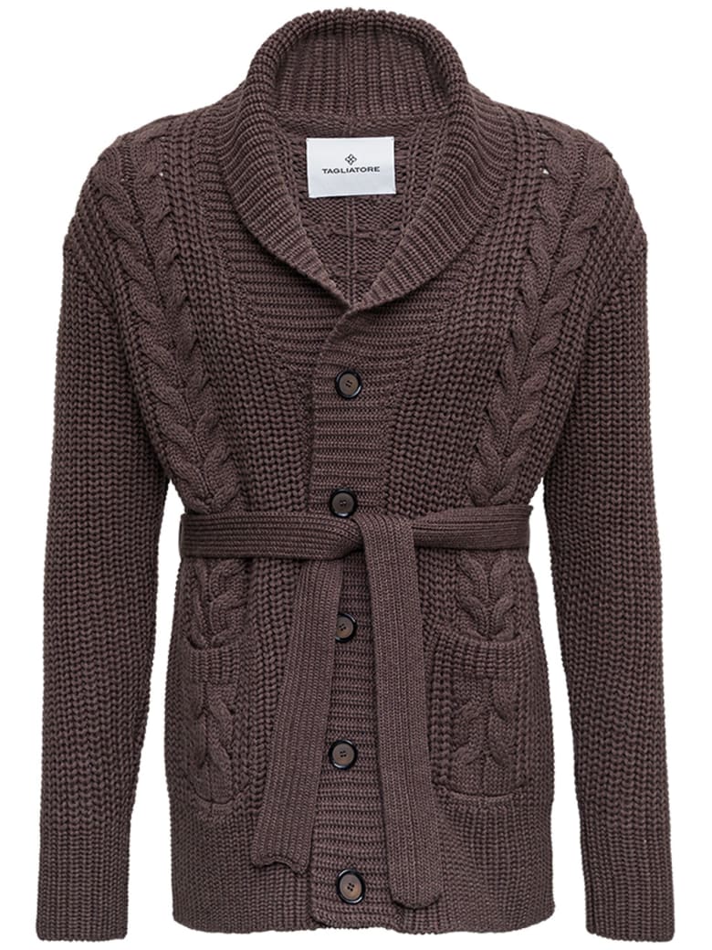 Tagliatore Brown Wool Cardigan With Belt - Brown
