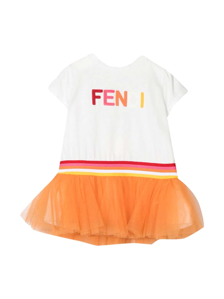 Fendi White Dress With Multicolor Logo - Gesso