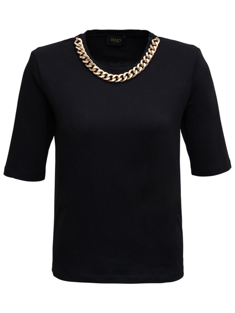 Liu-Jo Black Cotton T-shirt With Chain Detail - Black