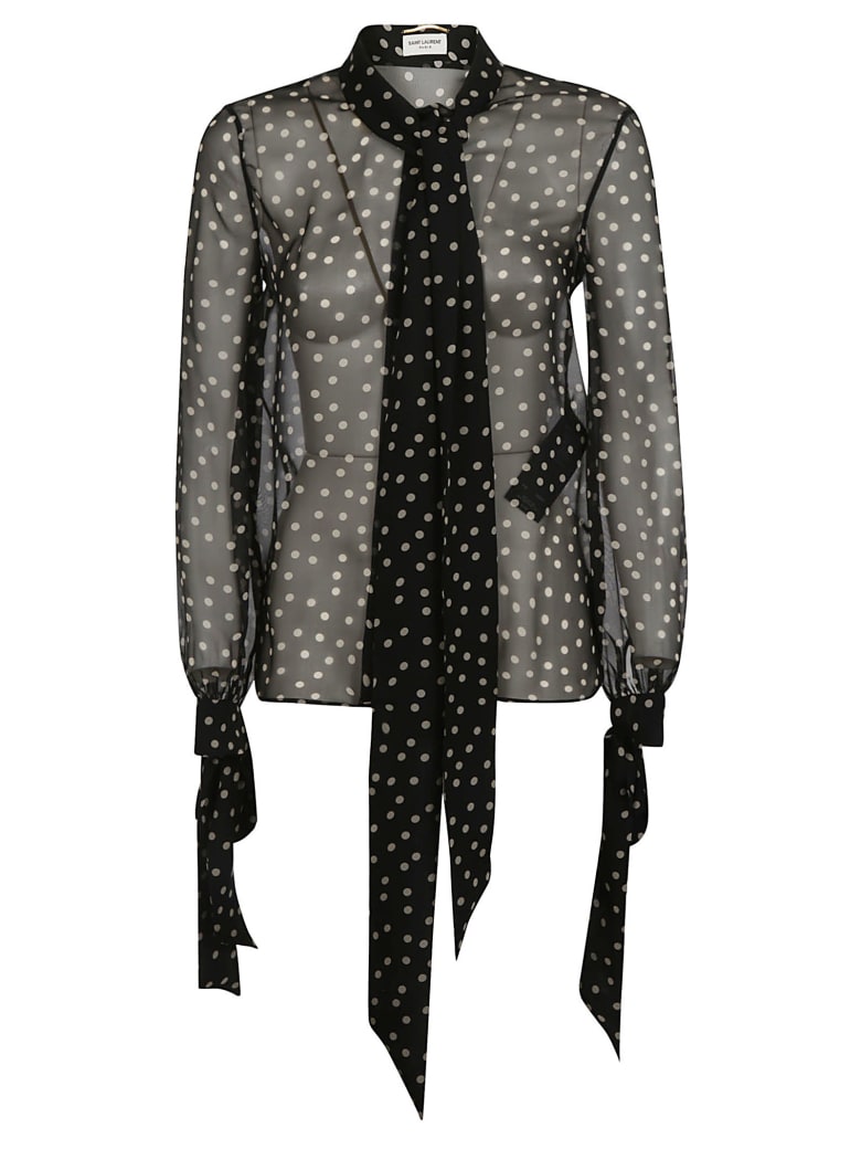 Saint Laurent Dotted Print Scarf & Bow Detail See-through Blouse - Black/Beige