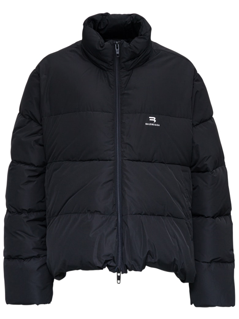 Balenciaga Black Nylon Down Jacket With Logo - Black