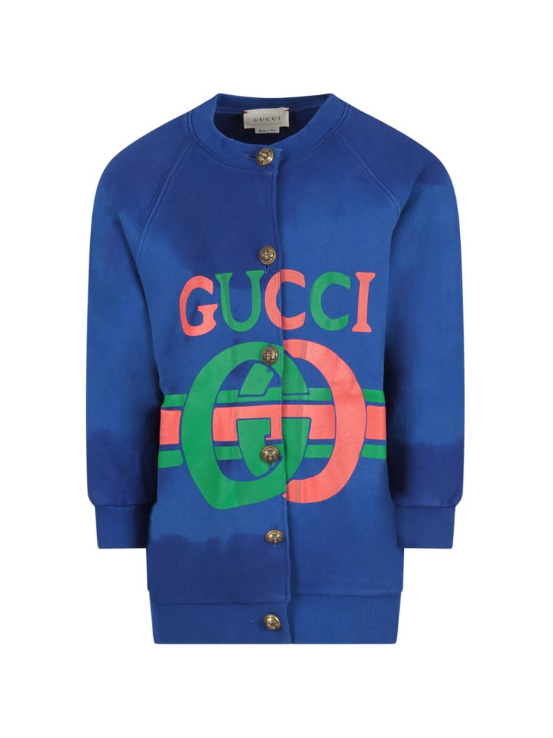 Gucci Blue Sweatshirt For Girl With Red And Green Logo - Blue