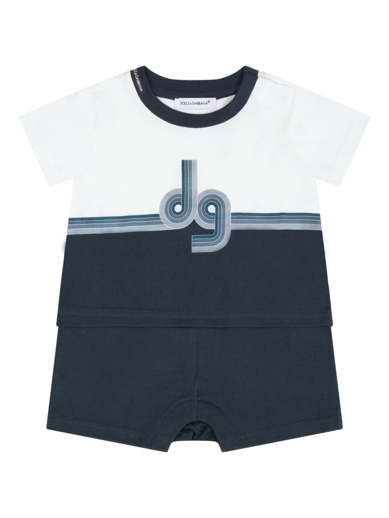 Dolce & Gabbana Multicolor Romper For Babyboy With Logo - Blue