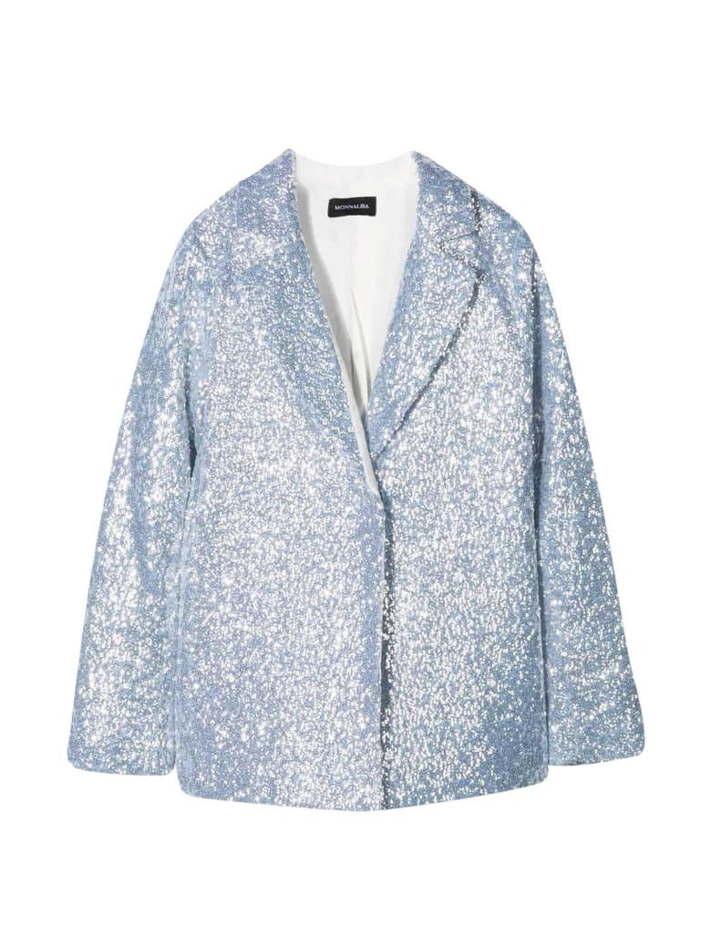 Monnalisa Single-breasted Blazer With Sequins - Celeste